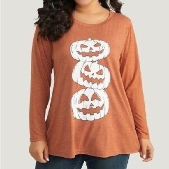 Brown Orange Smiling Pumpkin Jack-O-Lantern Soft Top Shirt Size 28 4X Halloween - Picture 1 of 6